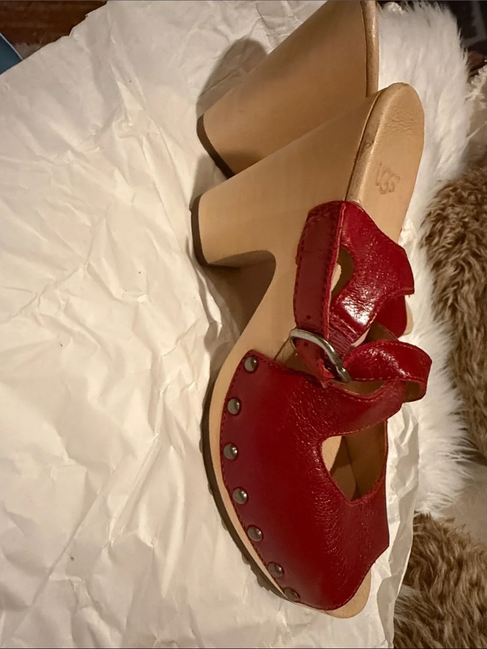 UGG Red Leather Crisscross Peep-Toe Slingback Sandals